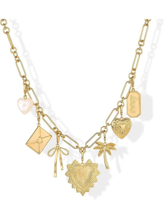 Jewelry - Women’s Yellow Gold 14k Gold Plated Charm Chunky Paperclip Heart Bow Necklace
